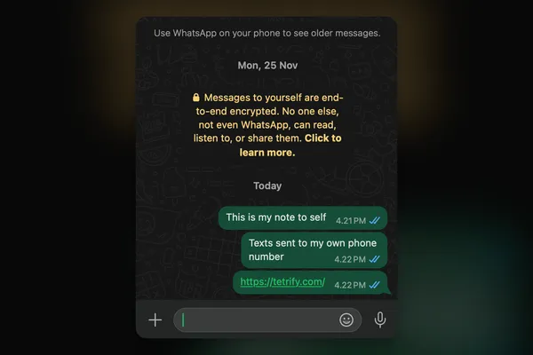A screenshot of a WhatsApp chat with a message to yourself.