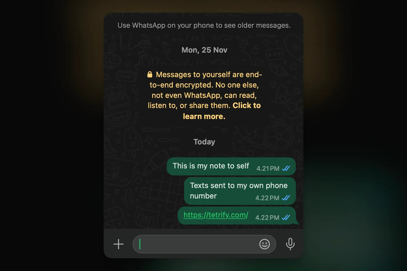 A screenshot of a WhatsApp chat with a message to yourself.